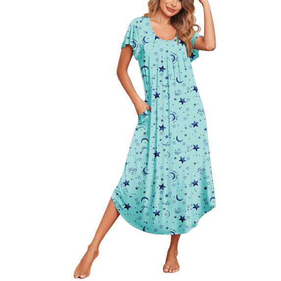 Avidlove Women's Short Sleeve Nightgown Long Nightshirts Pleated Sleep Dress Sleepwear with Pockets