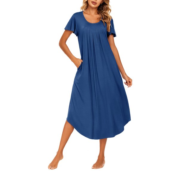 Avidlove Women's Short Sleeve Nightgown Long Nightshirts Pleated Sleep Dress Sleepwear with Pockets