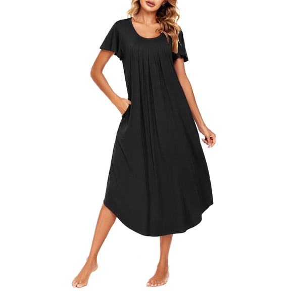 KISSGAL Women's Short Sleeve Nightgown Long Nightshirts Pleated Sleep Dress Sleepwear with Pockets