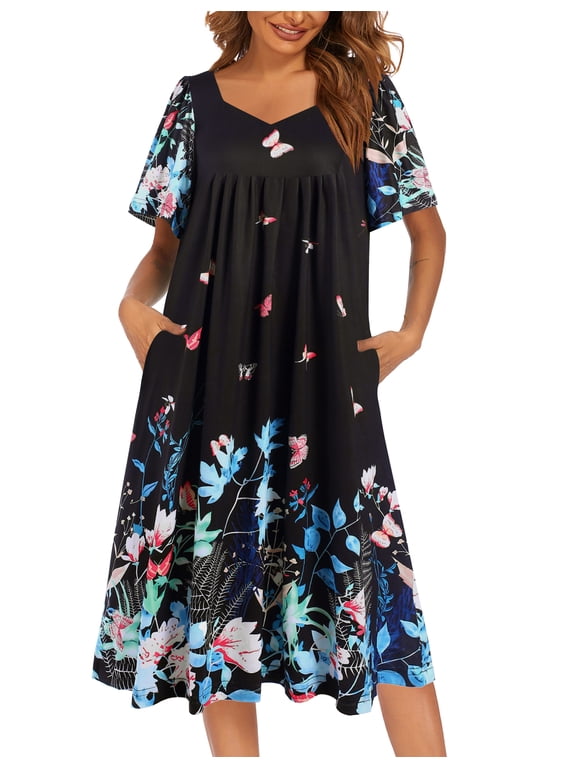 Women's Short Sleeve Nightgown Long Sleepshirts V Neck Sleep Dress Below Knee Length Sleepwear