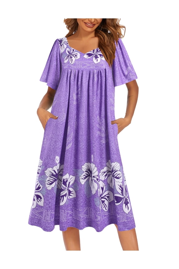 Women's Short Sleeve Nightgown Long Sleepshirts V Neck Sleep Dress Below Knee Length Sleepwear