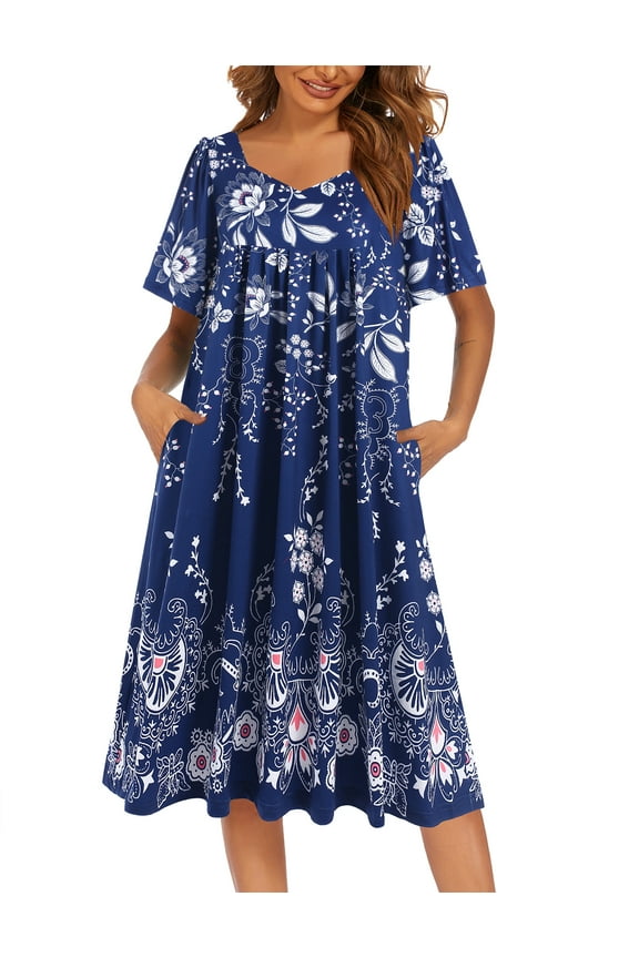 Women's Short Sleeve Nightgown Long Sleepshirts V Neck Sleep Dress Below Knee Length Sleepwear