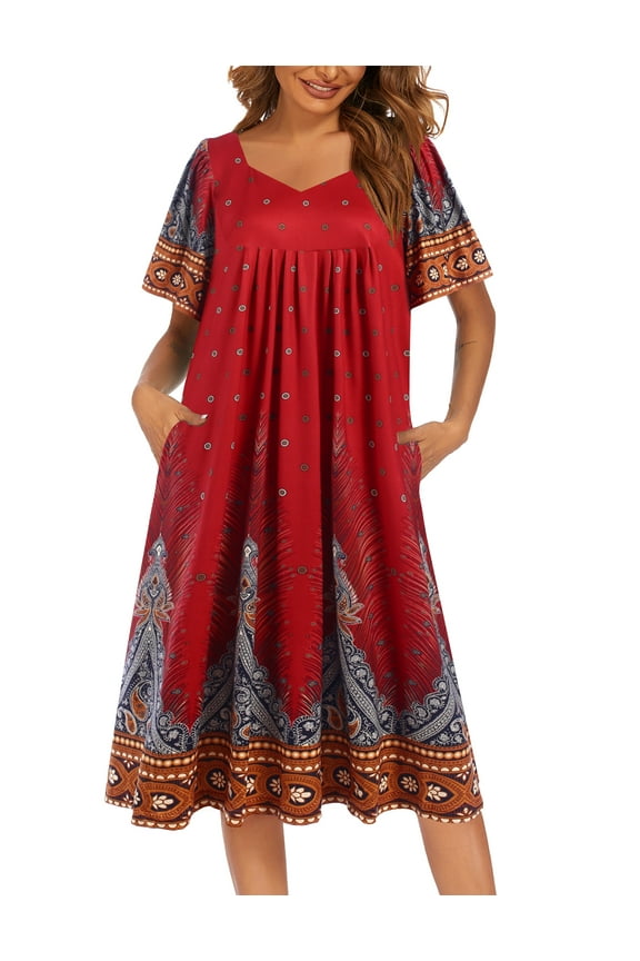 Women's Short Sleeve Nightgown Long Sleepshirts V Neck Sleep Dress Below Knee Length Sleepwear