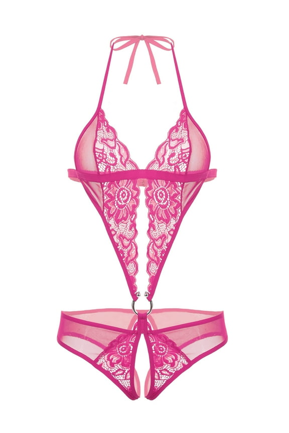 Womens Lingerie Lace Bodysuit One Piece Underwear Lingerie Hot Pink M