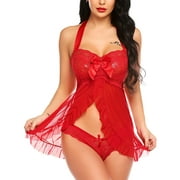 Avidlove Womens Lingerie Lace Open Front Sleepwear Halter Nighty Chemsie