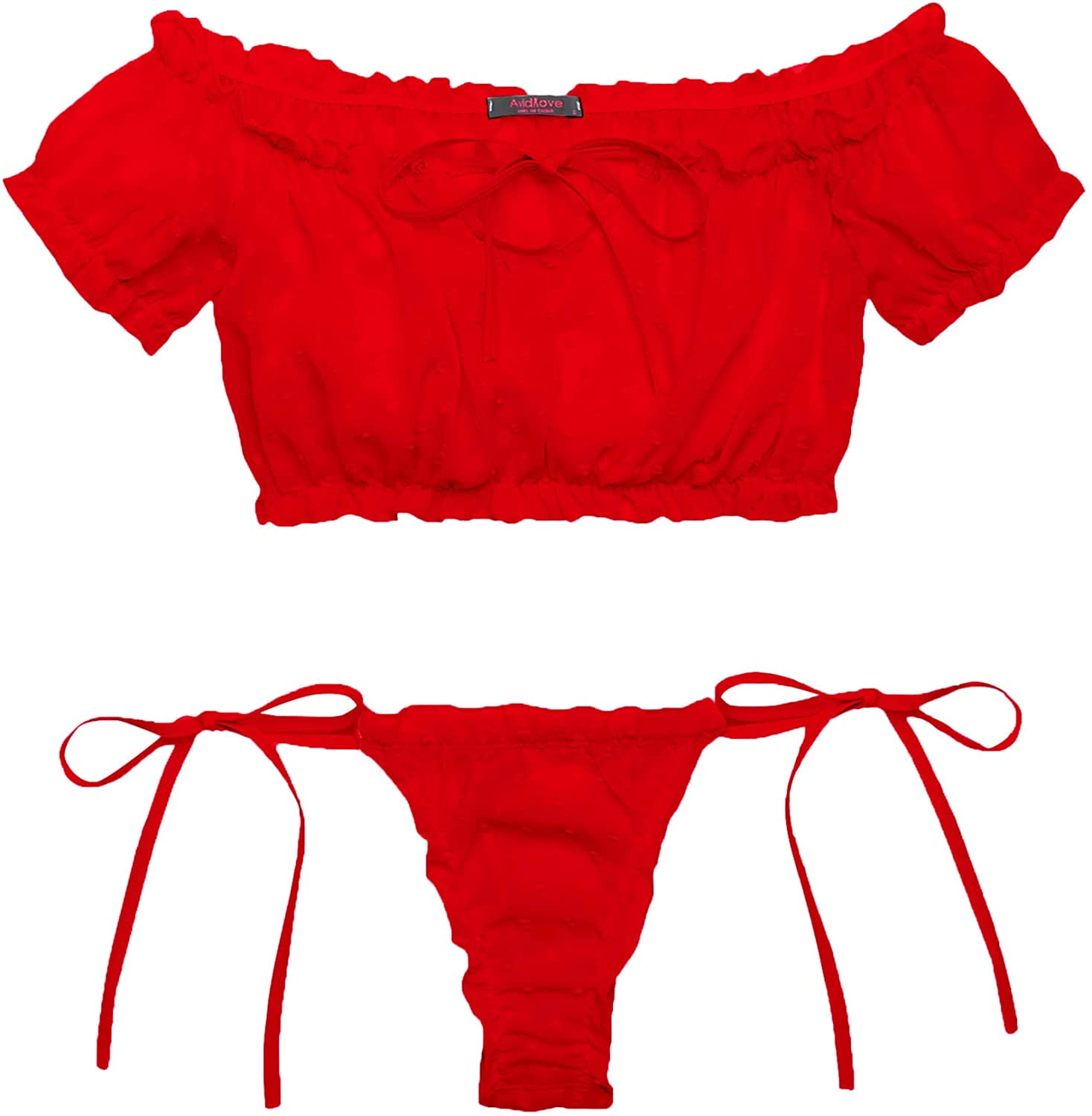 Avidlove Womens Lingerie Self Tie Ruffle Trim Dobby Teddy Mesh Lingerie Set  Sexy Bra and Panty Set Red XXL