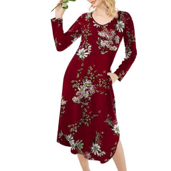 KISSGAL Womens Long Sleeve Nightgown Floral V Neck Nightshirts Sleepwear with Pockets
