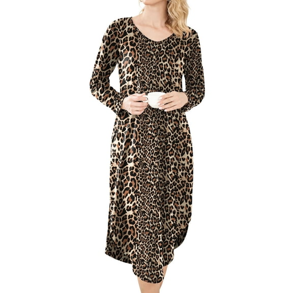 Avidlove Womens Long Sleeve Nightgown Leopard Print V Neck Nightshirts Sleepwear with Pockets