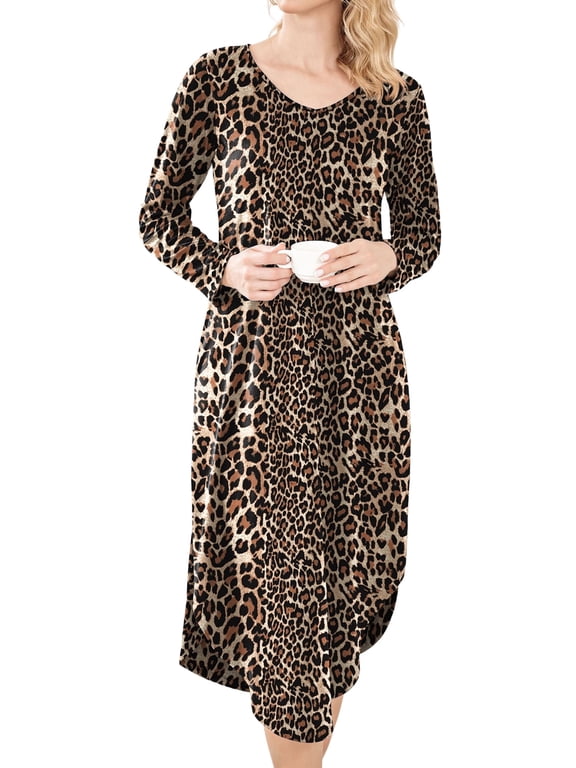 Womens Long Sleeve Nightgown Leopard Print V Neck Nightshirts Sleepwear with Pockets