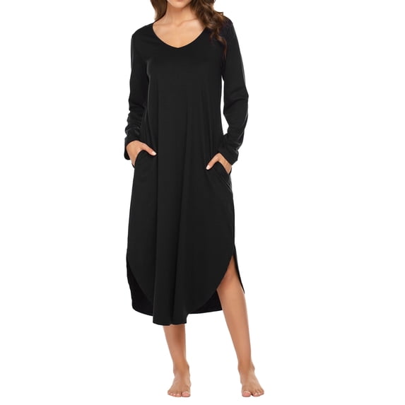 KISSGAL Womens Long Sleeve Nightgown V Neck Nightshirts Sleepwear with Pockets