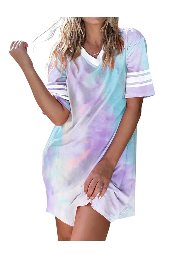 Womens Nightgown Cotton Sleepshirt Sleepwear Short Sleeve Sleep Dress V Neck Nightshirt