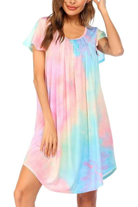 Womens Nightgown Soft Sleepwear Pleated Sleepshirt Sleep Dress Short Sleeve Nightdress