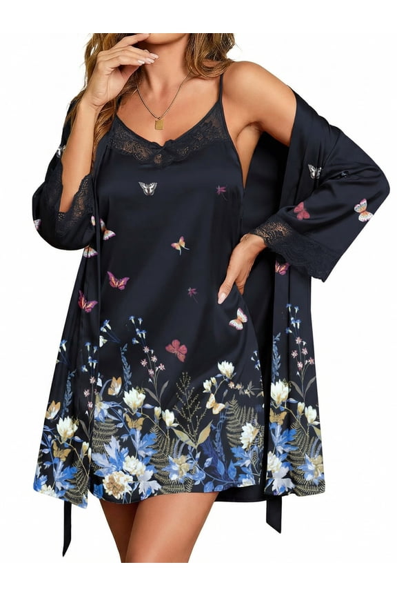 Womens Nightgown and Robe Sets Satin Silk Sleeveless Nightdress with Bathrobes Knee Length Bride Sleewear