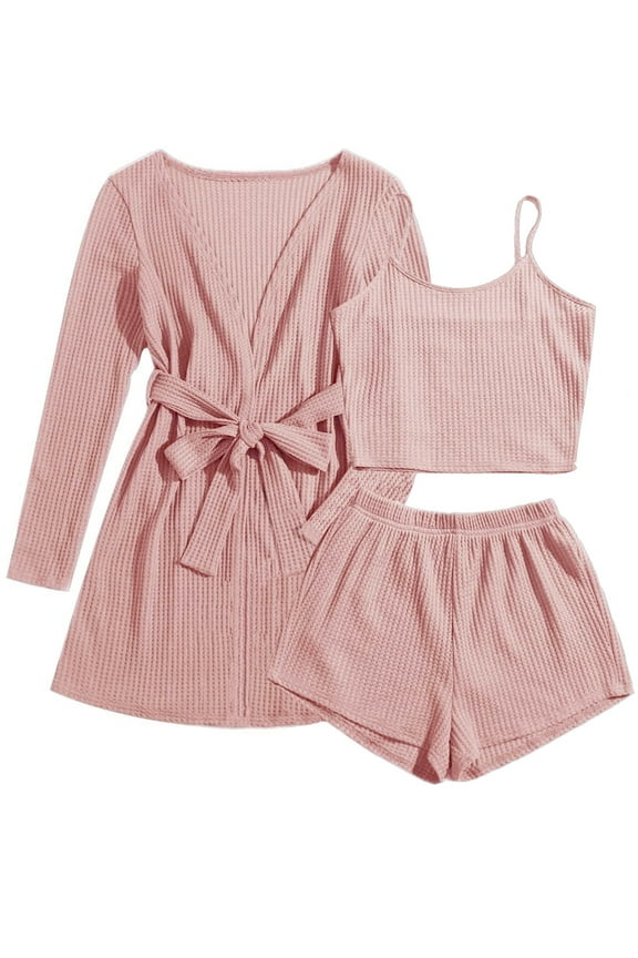 Womens Pajama Sets 3 Piece Lounge Set Waffle Knit Cami Top and Shorts Soft Sleepwear with Robe Cardigan