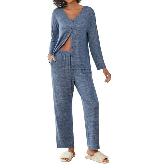 Avidlove Womens Pajama Sets Button Up Long Sleeve Pjs Ribbed Knit Soft Lounge Set 2 Piece Sleepwear with Pockets