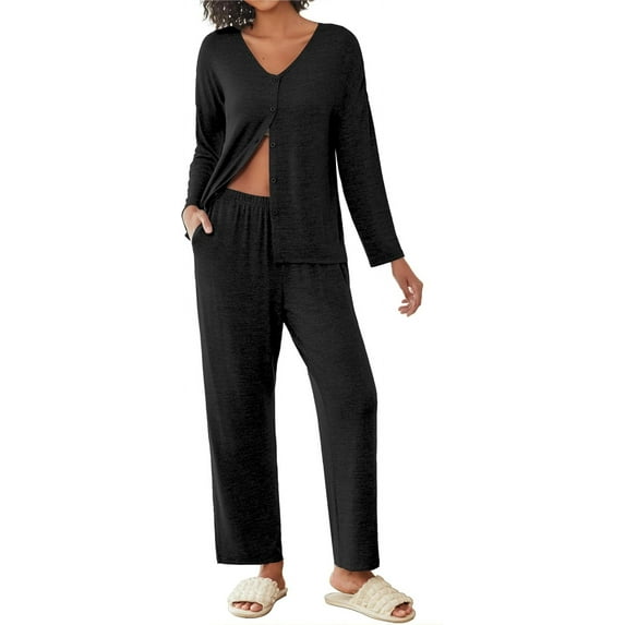 Avidlove Womens Pajama Sets Button Up Long Sleeve Pjs Ribbed Knit Soft Lounge Set 2 Piece Sleepwear with Pockets