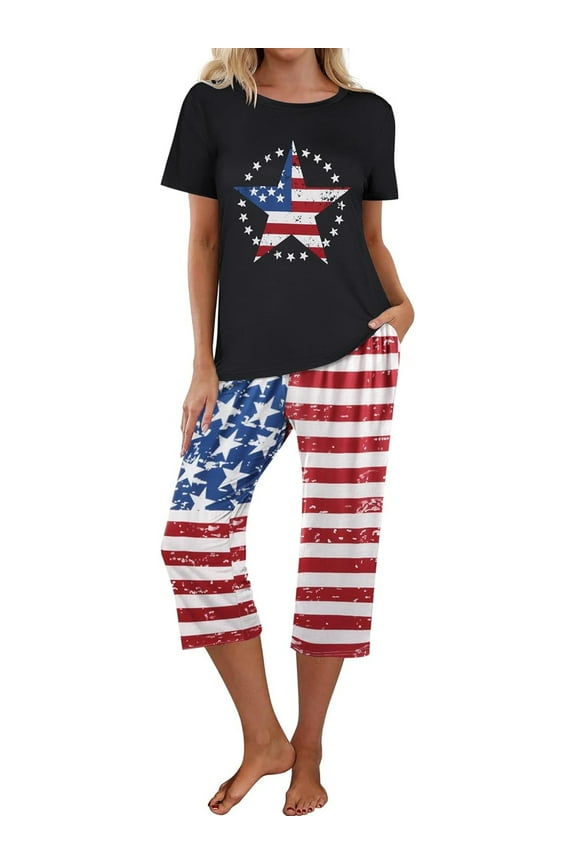 Womens Pajamas Set Short Sleeve Tops and Capri Sets Sleepwear Soft Matching Pjs Loungwear S-2XL