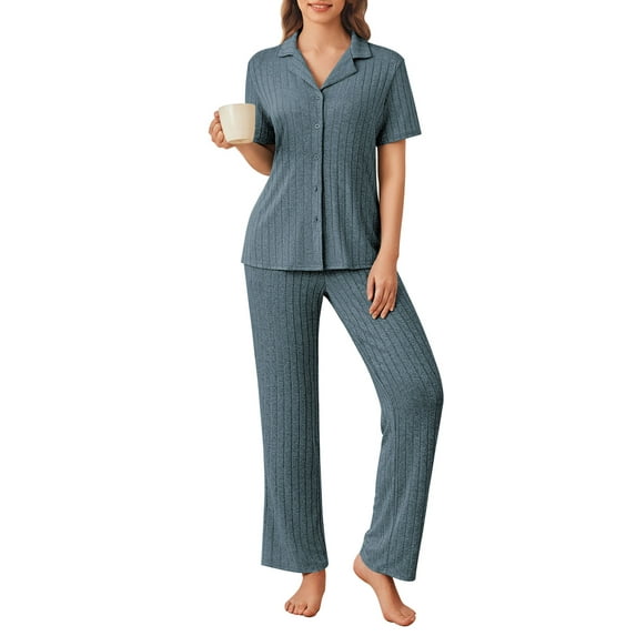Avidlove Women's Pajama Sets Rib Knit Button Down Lounge Set Short Sleeve Top and Long Pants Two Piece Matching Pjs Sleepwear with Pocket