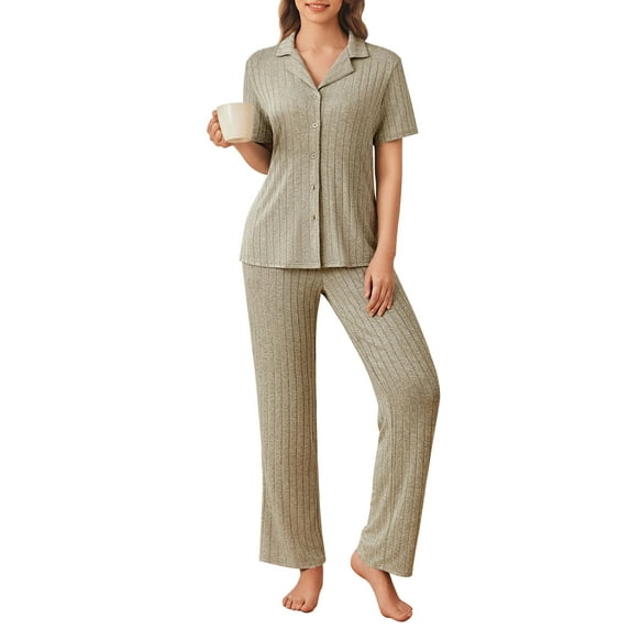 Avidlove Women's Pajama Sets Rib Knit Button Down Lounge Set Short Sleeve Top and Long Pants Two Piece Matching Pjs Sleepwear with Pocket