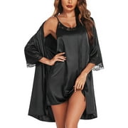 AVIDLOVE Womens Robe Sets Sleepwear Satin Silk Sexy Nightgown with Bathrobes Black Lightweight Lingerie Dress Bride Robes Set Knee Length
