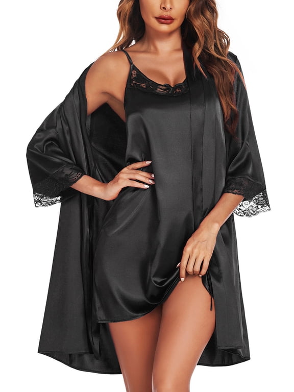 Womens Robe Sets Sleepwear Satin Silk Sexy Nightgown with Bathrobes Black Lightweight Lingerie Dress Bride Robes Set Knee Length