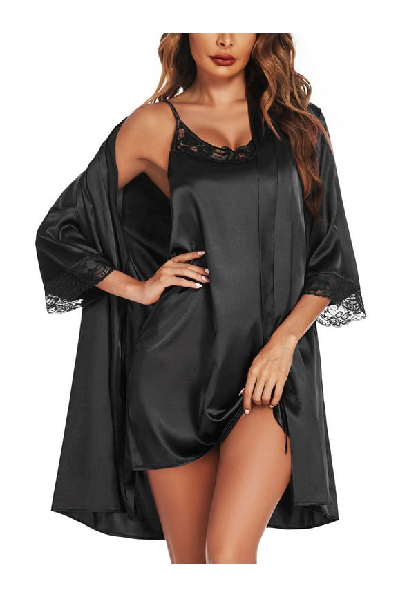 Womens Robe Sets Sleepwear Satin Silk Sexy Nightgown with Bathrobes Black Lightweight Lingerie Dress Bride Robes Set Knee Length