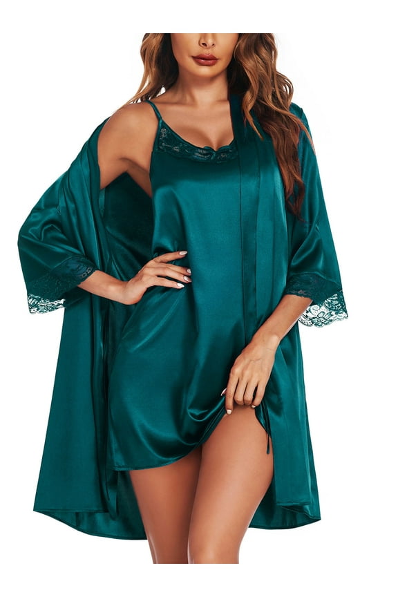 Womens Robe Sets Sleepwear Satin Silk Sexy Nightgown with Bathrobes Lightweight Lingerie Dress Bride Robes Set Knee Length