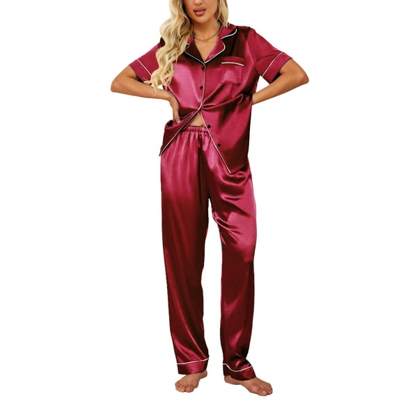 Avidlove Womens Satin Pajama Sets Silky Sleepwear Short Sleeve Button Down Shirts and Long Pant Loungewear 2 Piece Pjs Set S-XXL