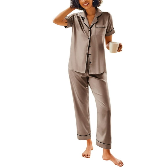 Avidlove Womens Satin Pajama Sets Silky Sleepwear Short Sleeve Button Down Shirts and Long Pant Loungewear 2 Piece Pjs Set S-XXL