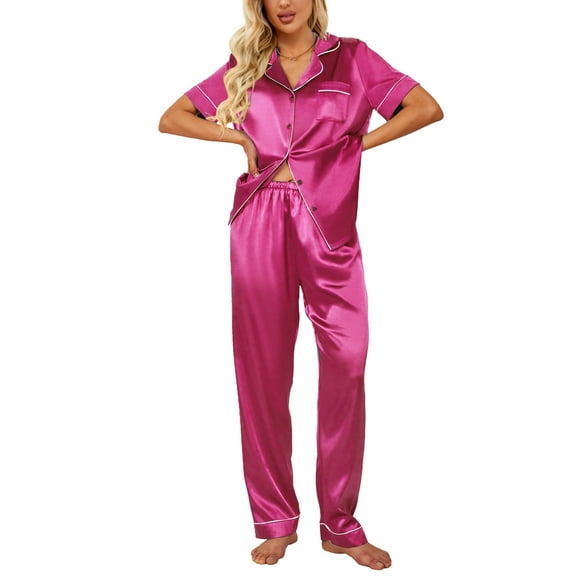 Avidlove Womens Satin Pajama Sets Silky Sleepwear Short Sleeve Button Down Shirts and Long Pant Loungewear 2 Piece Pjs Set S-XXL