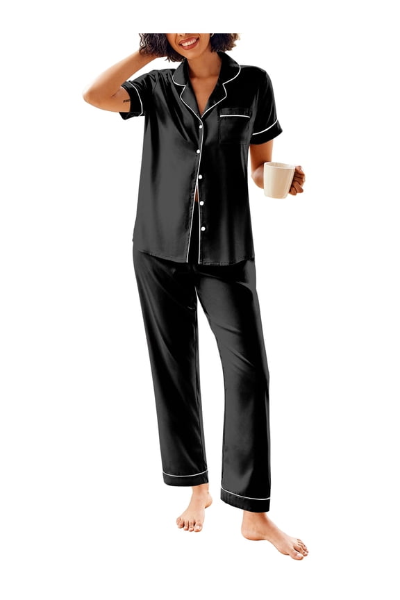 Womens Satin Pajama Sets Silky Sleepwear Short Sleeve Button Down Shirts and Long Pant Loungewear 2 Piece Pjs Set