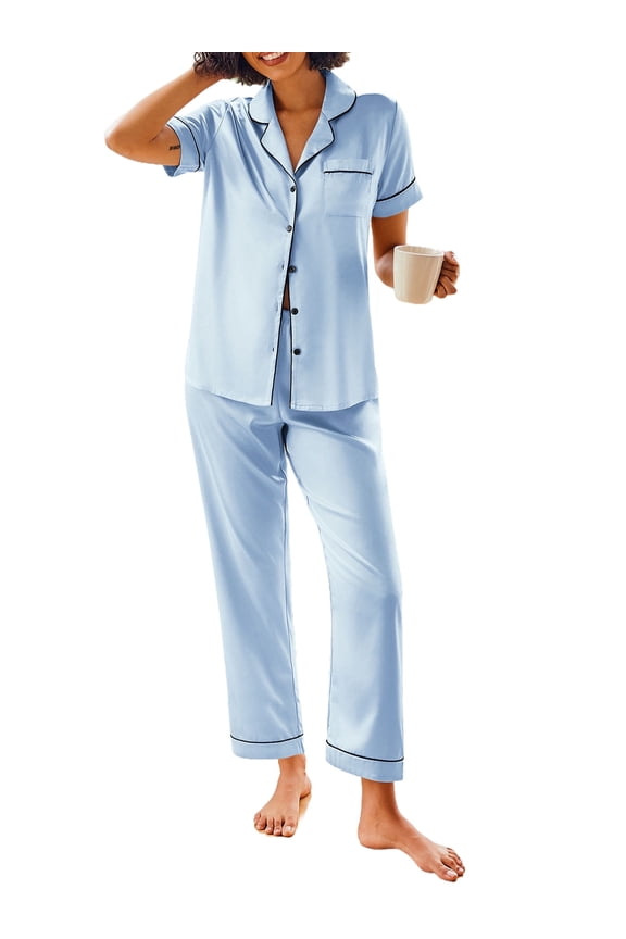 Womens Satin Pajama Sets Silky Sleepwear Short Sleeve Button Down Shirts and Long Pant Loungewear 2 Piece Pjs Set