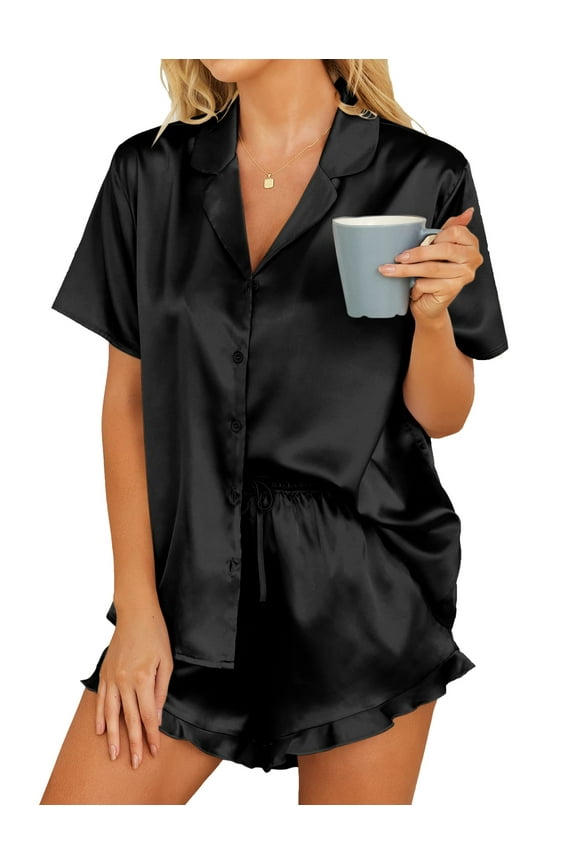 Women Satin Pajama Set Silky Short Sleeve Sleepwear with Ruffle Shorts Soft Pj Set Button Down Nightwear Black S-XXL