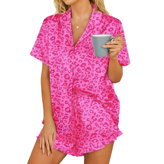 Avidlove Women Satin Pajama Set Silky Short Sleeve Sleepwear with Ruffle Shorts Soft Pj Set Button Down Nightwear Pink Leopard S-XXL