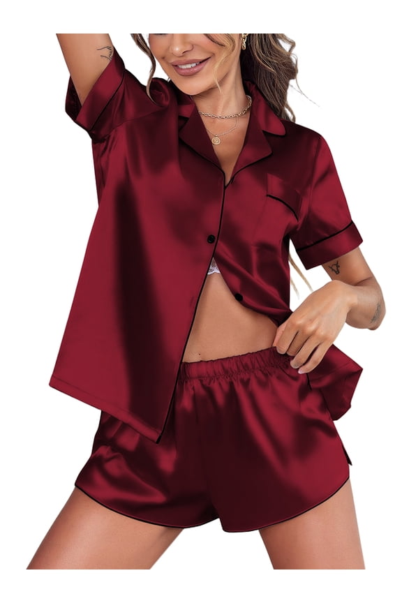 Womens Silk Satin Pajamas Sets Button Down Sleepwear Short Sleeve Lounge Sets Two Piece Pjs Shorts Sets Nightwear