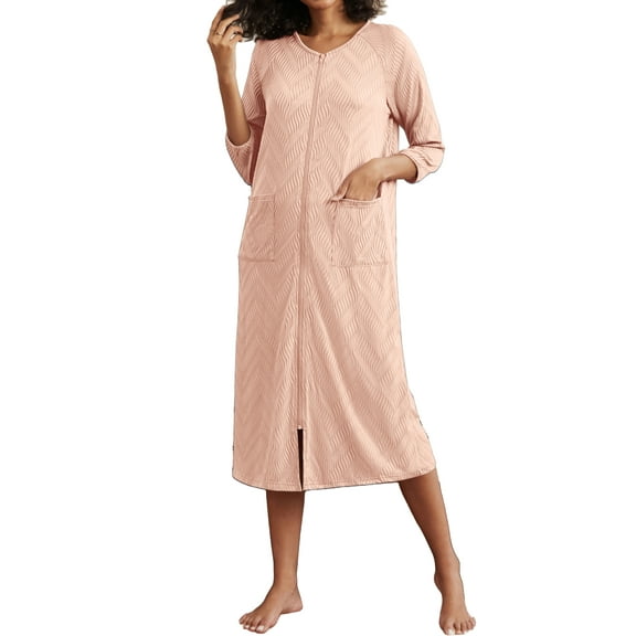 Avidlove Zipper Robes for Women 3/4 Sleeve Ribbed Knit Full Length Bathrobe Lightweight House Coat with Pockets