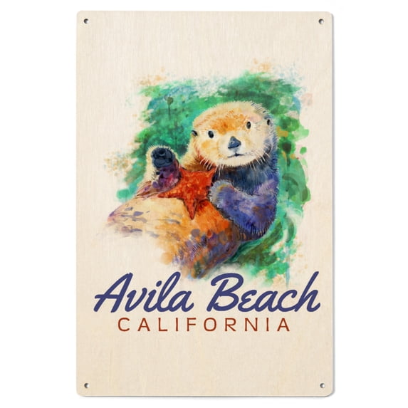 Avila Beach, California, Sea Otter, Watercolor Birch Wood Wall Sign (6x9 Rustic Home Decor, Ready to Hang Art)