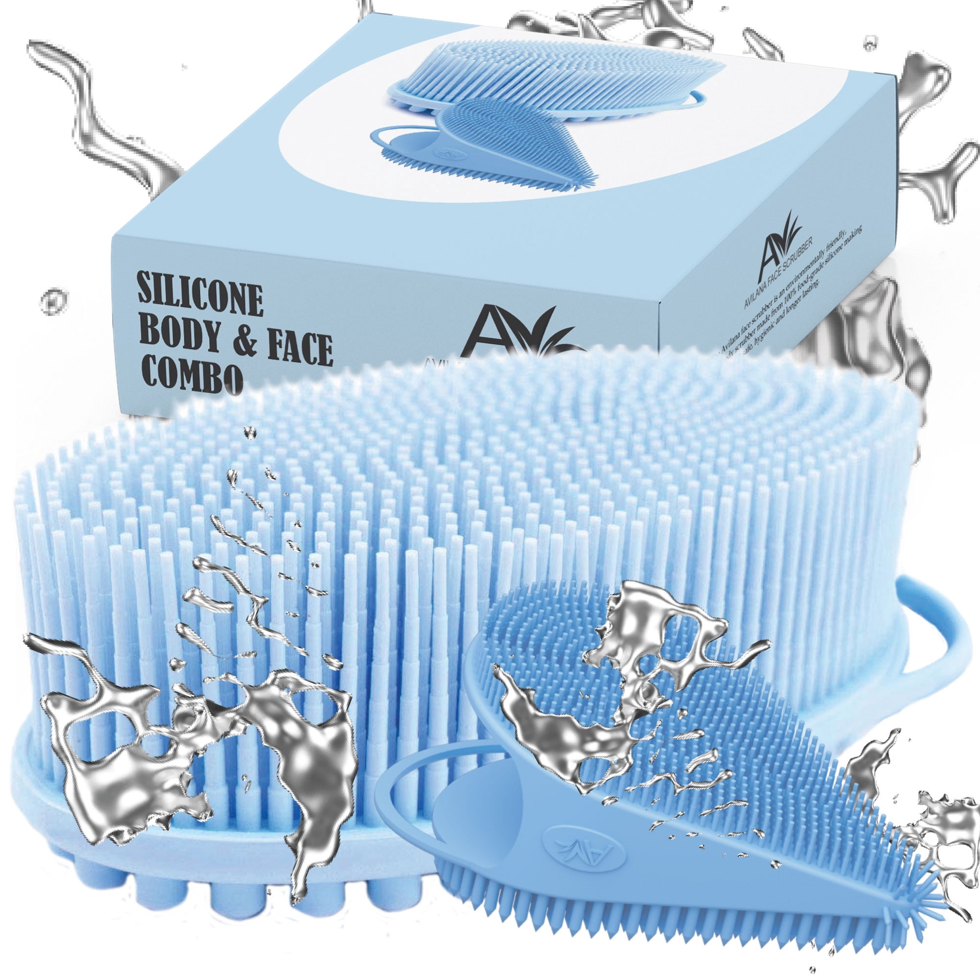 Avilana Silicone Body Scrubber Enhanced with Silver Infused Technology For Superior Cleanliness-Shower Brush (Face and Body Combo-Blue)