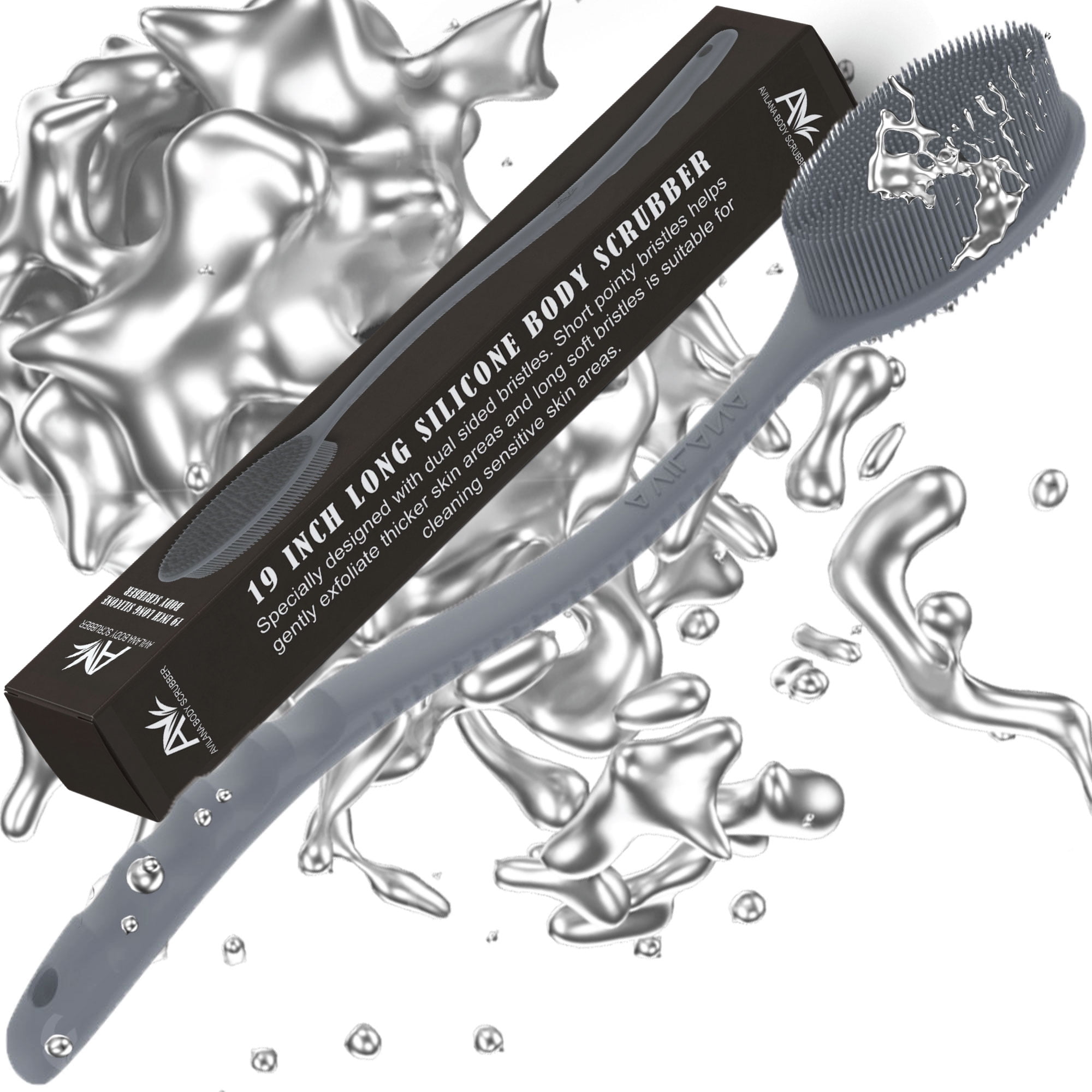 Avilana Silicone Long Handle Body Scrubber Enhanced with Silver Infused Technology  For Superior Cleanliness-Shower Brush (Long Handle-DarkGray)