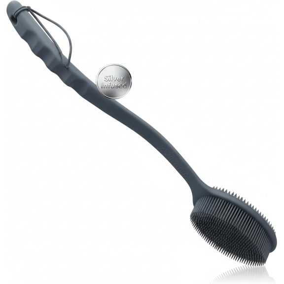 Avilana Silver Infused Long Handle Body Scrubber, 19 Inch Back Scrubber, Dark Gray