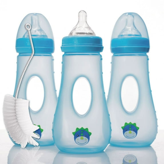 Avima Easy Grip Baby Bottle, Anti-Colic, Blue, Wide Neck, Medium Flow, 8 oz, 3 Pack