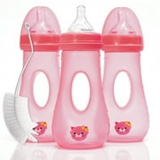 Avima Easy Grip Baby Bottle, Anti-Colic, Pink, Wide Neck, Medium Flow, 8 oz, 3 Pack