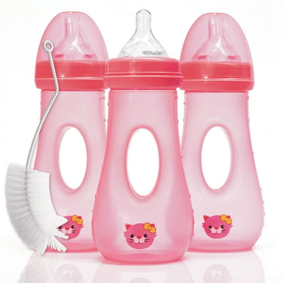 Avima Easy Grip Baby Bottle, Anti-Colic, Pink, Wide Neck, Medium Flow, 8 oz, 3 Pack