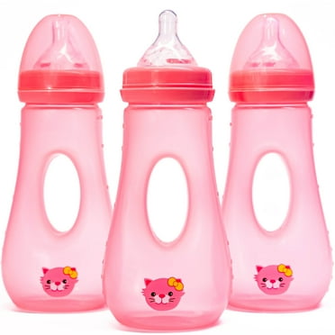 Avima Easy Grip Baby Bottle, Anti-Colic, Pink, Wide Neck, Medium Flow, 8 oz, 3 Pack