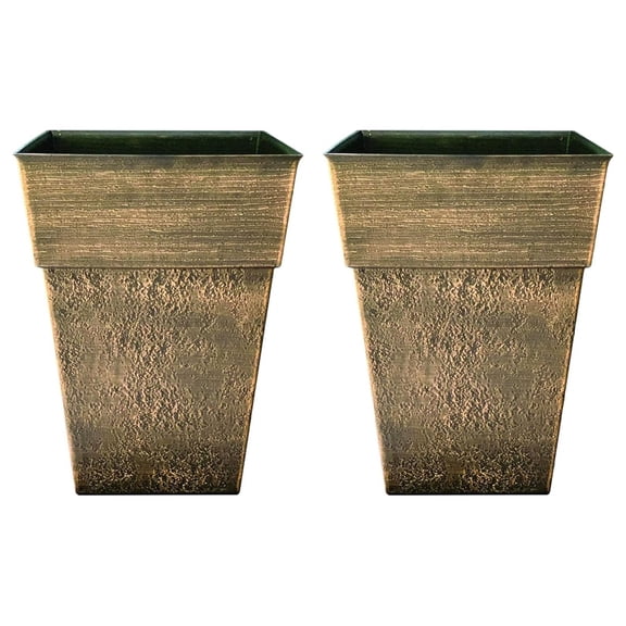 Avino 13 Inch Square Plastic Accent Outdoor Flower Planter Pot for Garden, Patio, Porch, Deck, or Balcony, Celtic Bronze (2 Pack)