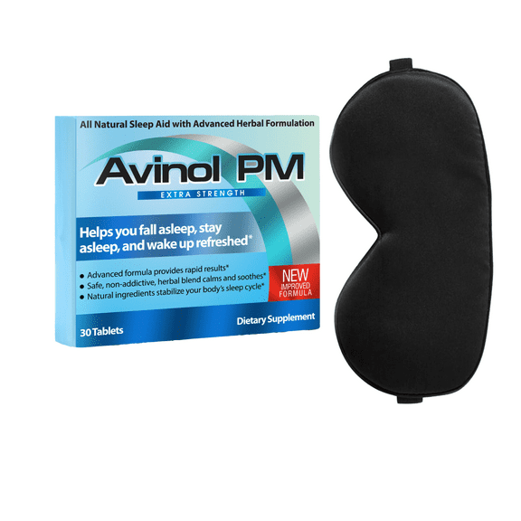 Avinol PM Extra Strength and Dream Elements Sleep Mask | All-in-One Natural Sleep Aid (30 ct) - 100% Pure Mulberry Silk Eye Mask