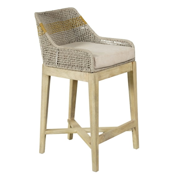 Avira 30 Inch Barstool Chair | Handcrafted Mango Wood | Cotton Rope Weaving | Beige Cushion