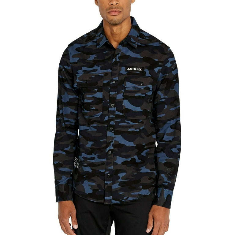 Avirex Men s Navy Camo Officer Woven Camo Shirt Size Small