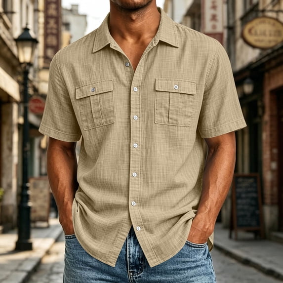 Avirosel Men's Button Down Short Sleeve Casual Cotton Textured Top with Double Pockets Khaki