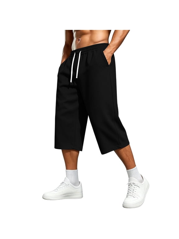 Men's Capris Pants Baggy Casual Below Knee 3/4 Shorts Casual Elastic Waist Drawstring Sweatpants with Pockets Black